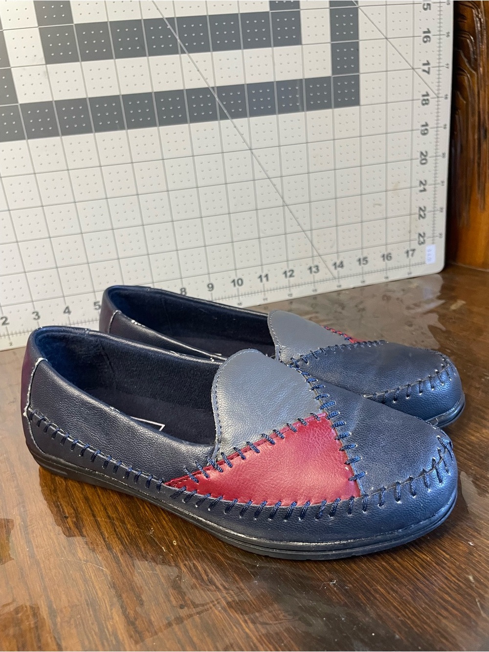 Women's Leather Patchwork Loafers in Navy and Burgundy